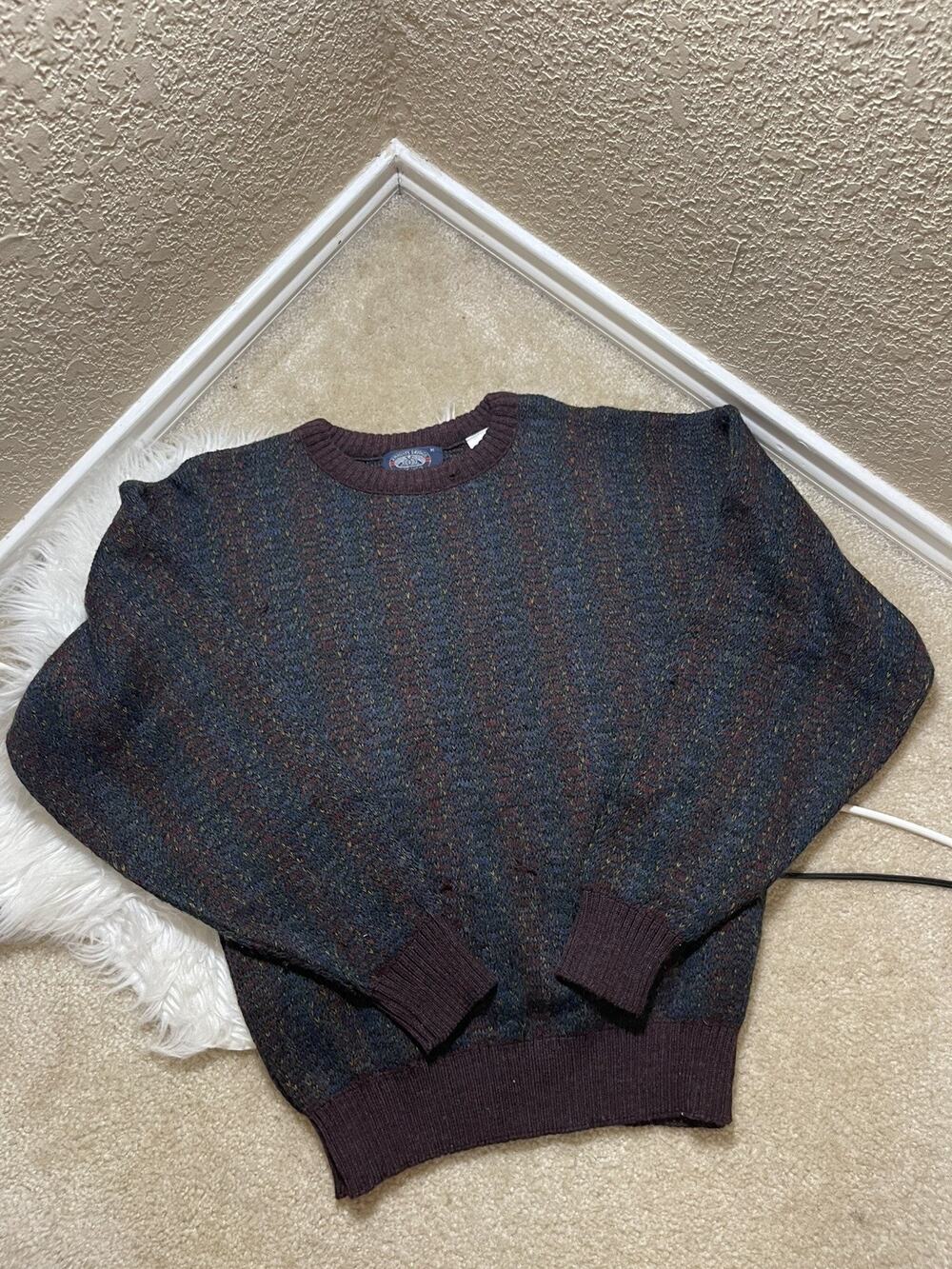 VTG Knightsbridge Sweater Cross Knitted Burgundy Blue M Wool Made in England
